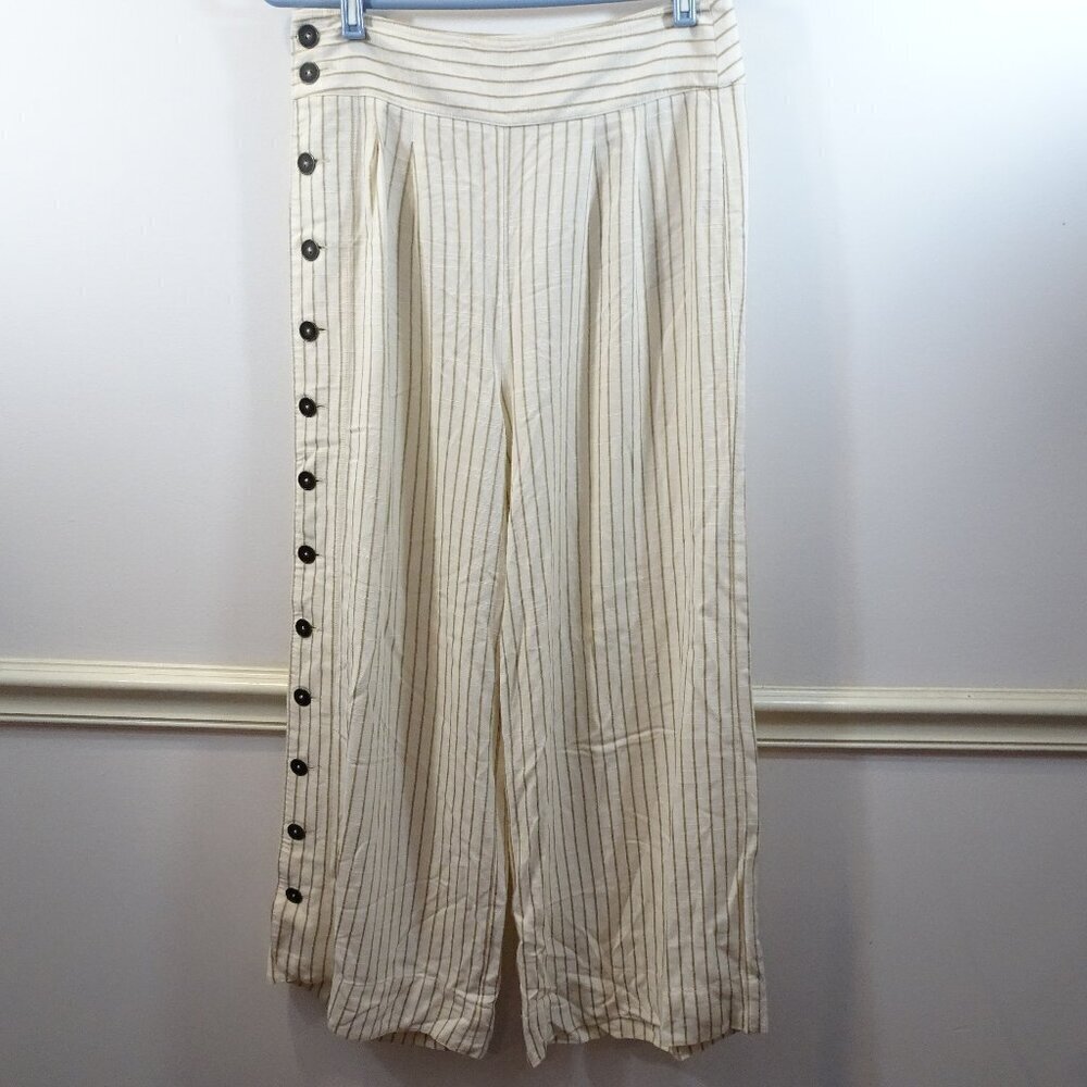 Anthropologie Buttoned Wide-Leg Pants Size 2 Striped Cream & Tan Summer Flowy